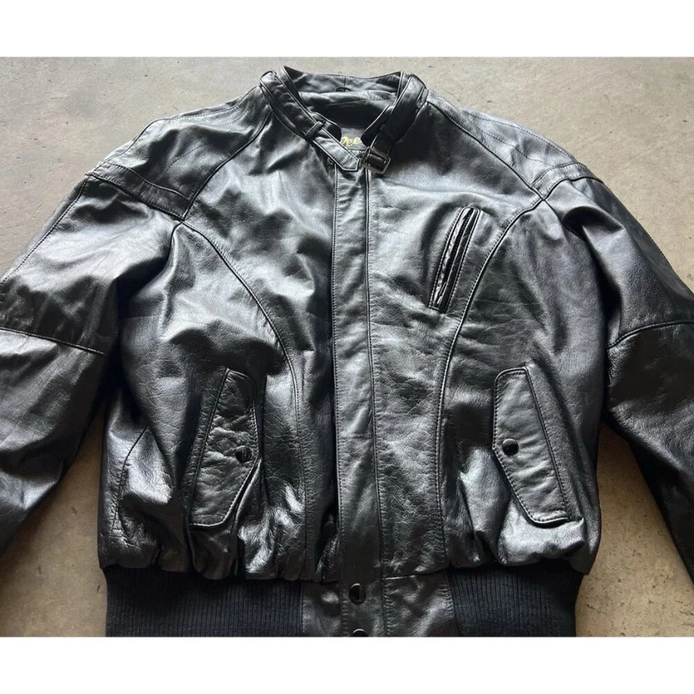 Vintage Reed Leather Black Motorcycle Plaid Lined Jacket Men’s Sz Large 48